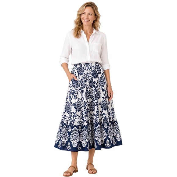 Soft Surroundings Dresses & Skirts - Soft Surroundings Navy White Floral Tiered Cotton Maxi Skirt Elastic Waist L